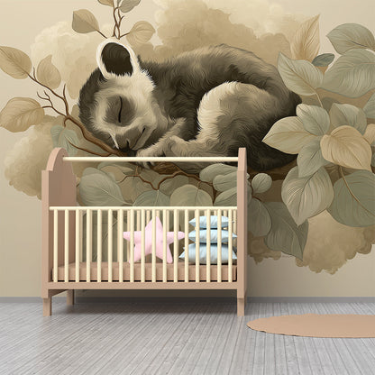 Kids-Mundo sleeping panda wall mural shown as a reading corner feature in a playroom