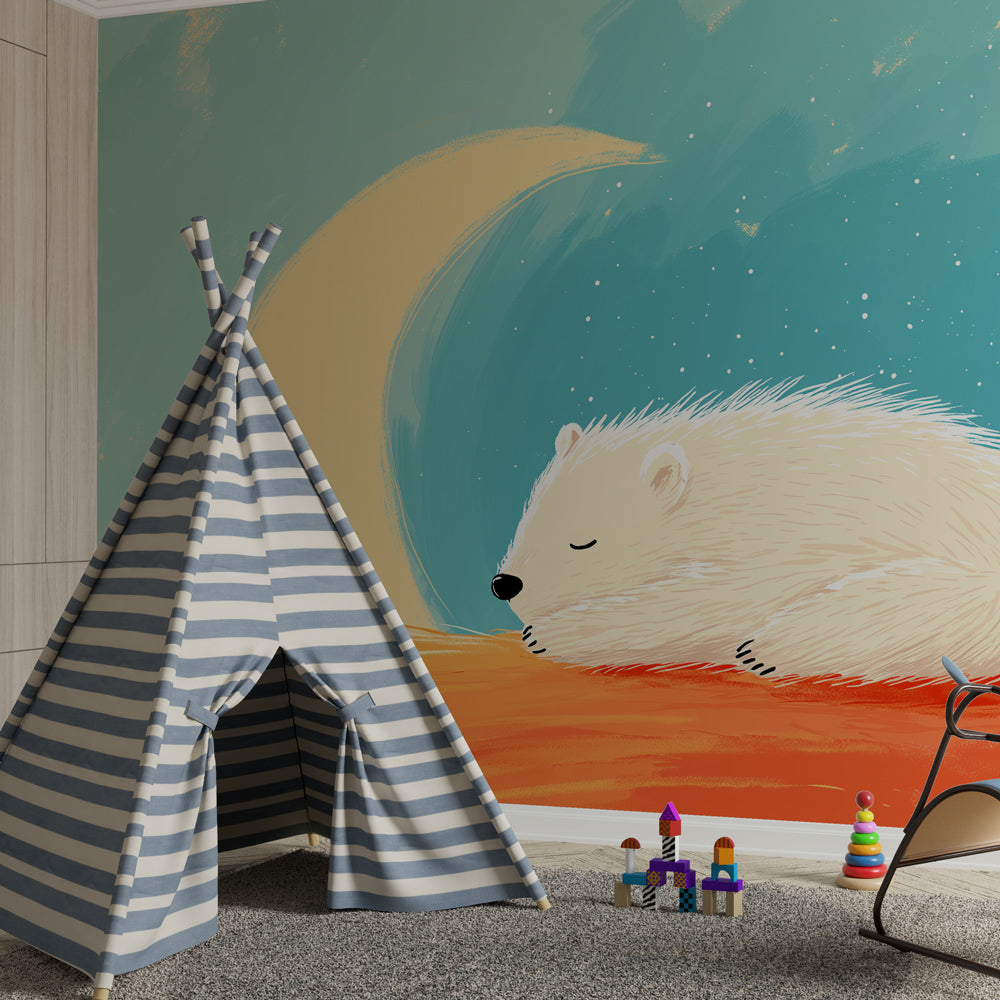 Sleeping polar bear wallpaper creating peaceful atmosphere in baby bedroom decor