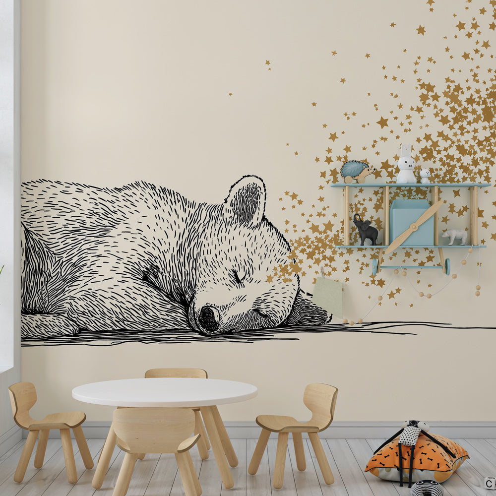 Bear and stars nursery wallpaper complementing wooden crib and soft textiles by Kids-Mundo