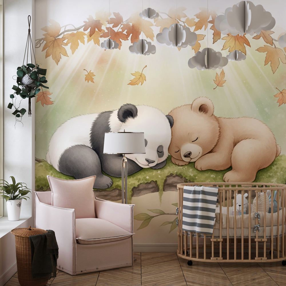 Bear cubs autumn leaves mural wallpaper for calming toddler room by Kids-Mundo