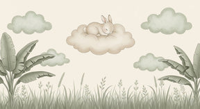 Detailed sleeping bunny on cloud mural wallpaper design pattern with botanical elements by Kids-Mundo