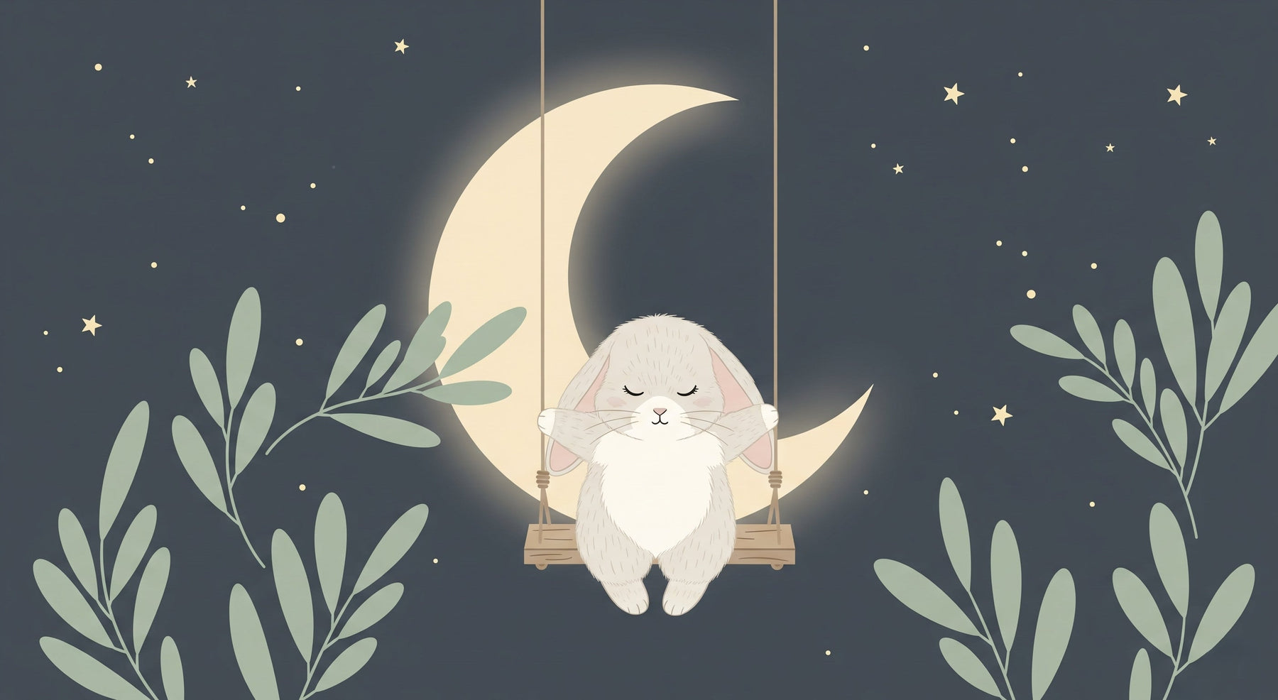 Detailed sleeping bunny and moon mural wallpaper design pattern by Kids-Mundo showing swing scene