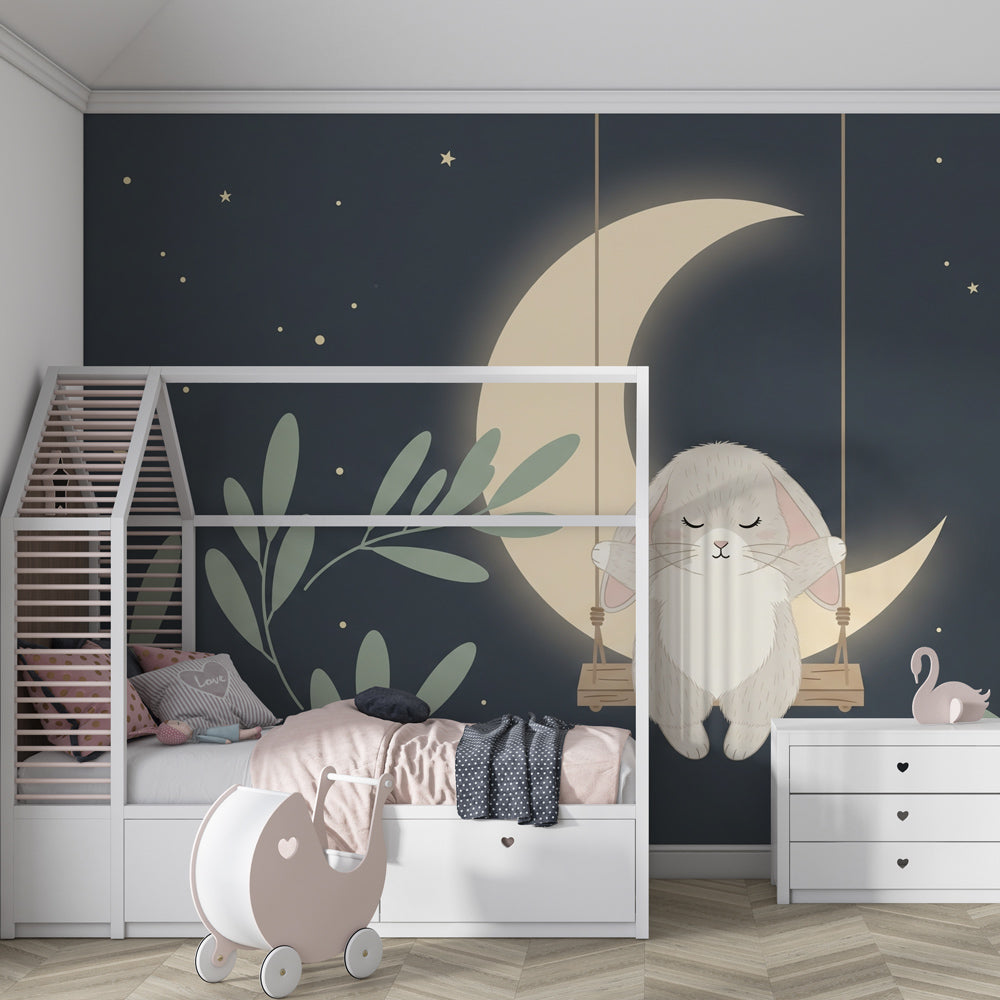 Peaceful rabbit swing wallpaper transforming toddler room into dreamy sleep sanctuary