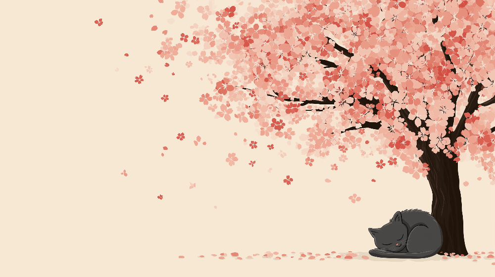 Sleeping Cat Under Cherry Blossom Wall Mural