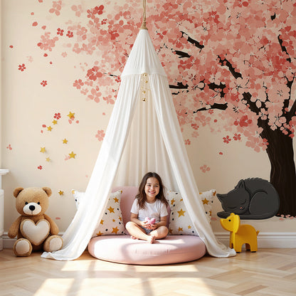 Kids-Mundo cherry blossom cat wall mural styled above a cot in a calm, sunlit nursery