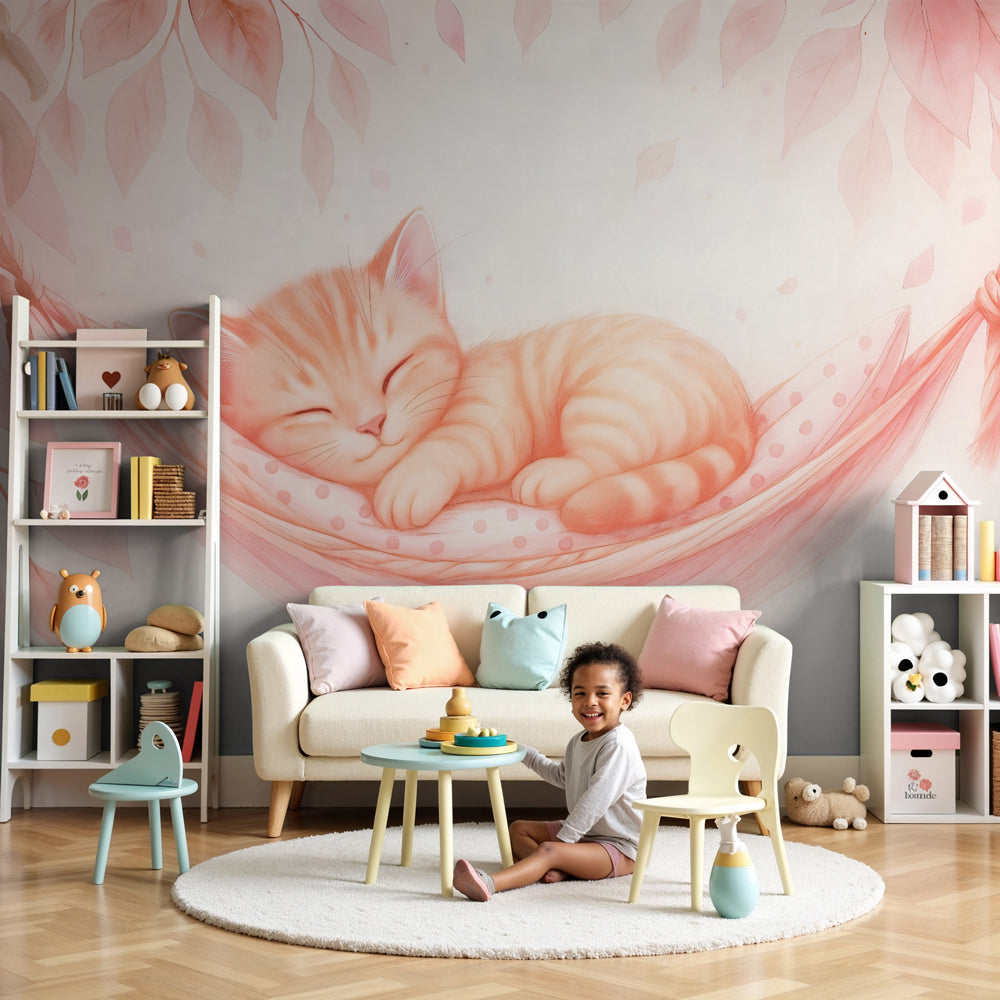 Sleeping cat mural wallpaper in soft pink nursery with white crib by Kids-Mundo