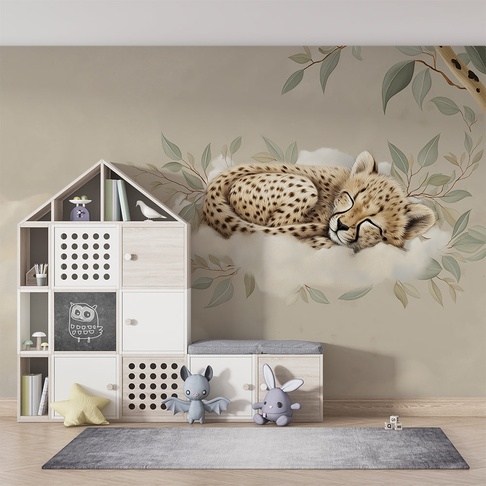 Kids-Mundo cheetah cub wall mural bringing a calm feature wall to a kids bedroom