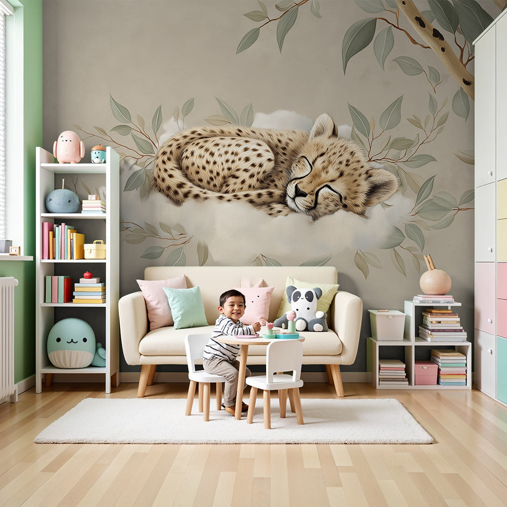 Kids-Mundo sleeping cheetah cub cloud wall mural styled in a soft neutral nursery
