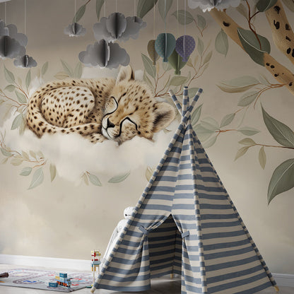 Kids-Mundo sleeping cheetah mural adding a gentle scene to a children's playroom