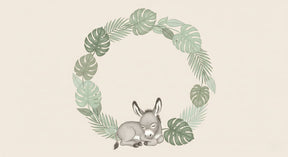 Detailed sleeping donkey with tropical leaves mural wallpaper design pattern by Kids-Mundo