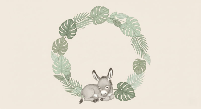 Detailed sleeping donkey with tropical leaves mural wallpaper design pattern by Kids-Mundo