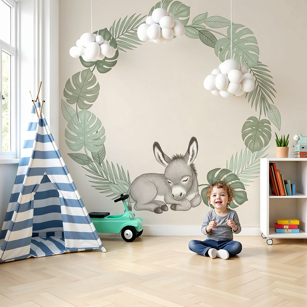 Sleeping donkey tropical mural wallpaper in modern baby nursery with natural wood furniture by Kids-Mundo