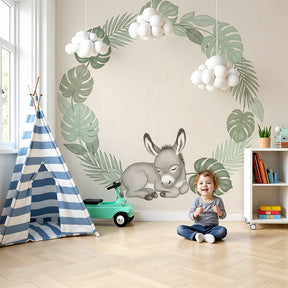 Sleeping donkey tropical mural wallpaper in modern baby nursery with natural wood furniture by Kids-Mundo