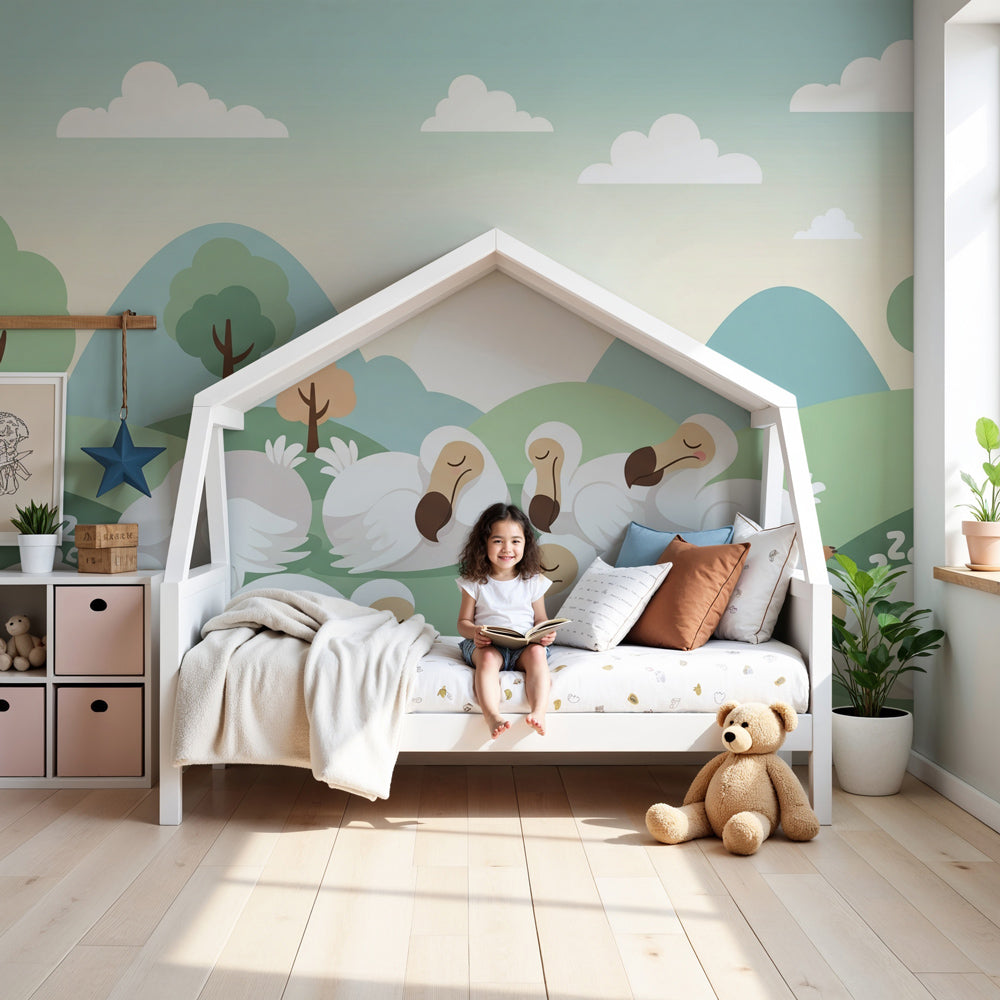 Sleeping ducks mural wallpaper creating peaceful nursery decor with natural green hillside scene by Kids-Mundo
