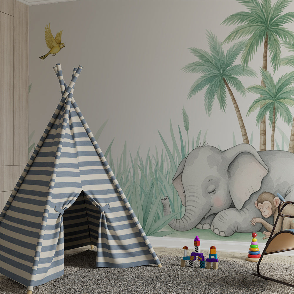 Kids-Mundo jungle wall mural with sleeping elephant and monkey covering a kids bedroom wall