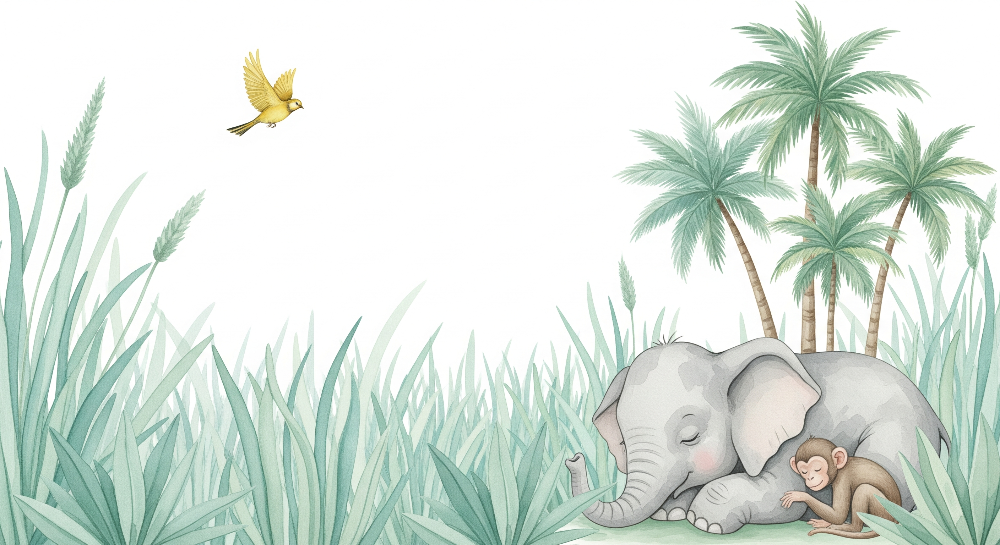 Kids-Mundo flat artwork of a sleeping elephant and baby monkey in a sage-green jungle scene