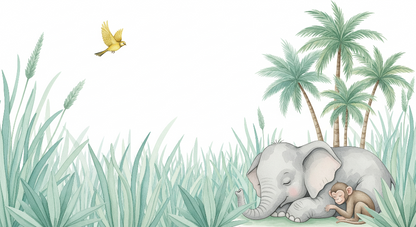 Kids-Mundo flat artwork of a sleeping elephant and baby monkey in a sage-green jungle scene