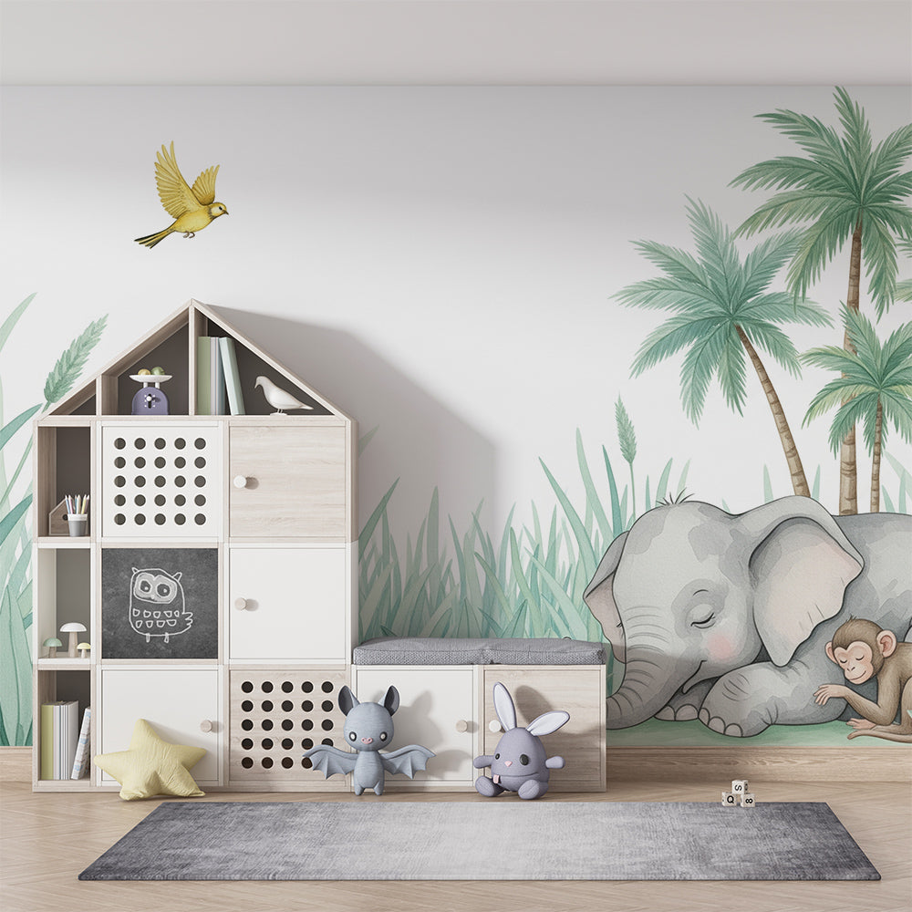 Kids-Mundo elephant and monkey jungle mural styled on a playroom wall with soft furnishings