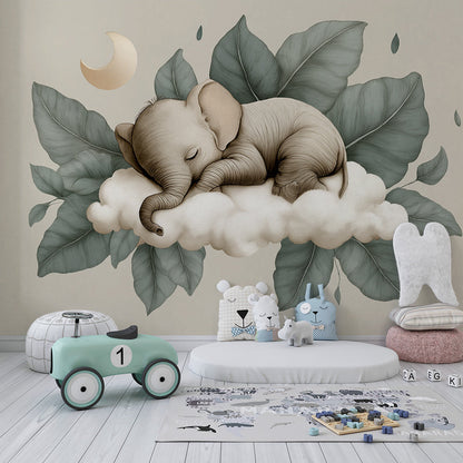 Kids-Mundo elephant and cloud wall mural covering a feature wall in a child's bedroom
