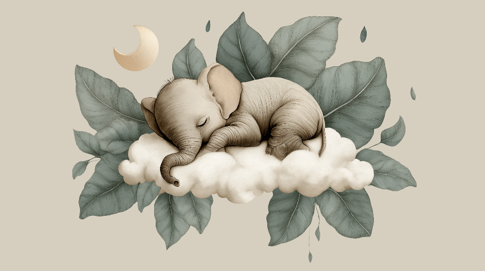 Kids-Mundo flat artwork of the sleeping baby elephant wall mural with sage leaves and moon