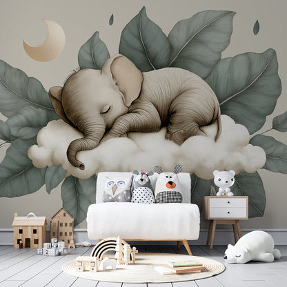 Kids-Mundo sleeping elephant wall mural with sage leaves shown in a calm playroom
