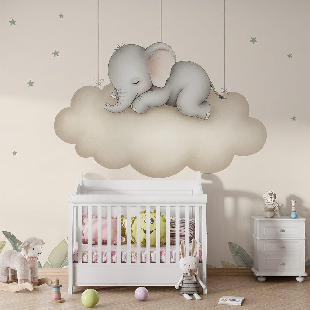 Kids-Mundo elephant cloud mural styled on a calming kids bedroom wall with cream tones