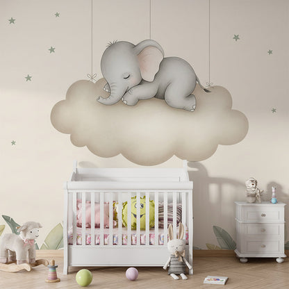 Kids-Mundo elephant cloud mural styled on a calming kids bedroom wall with cream tones