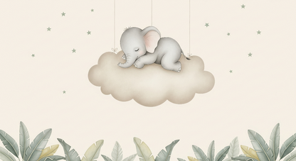 Kids-Mundo flat artwork of a sleeping elephant on a cloud with stars and leafy border