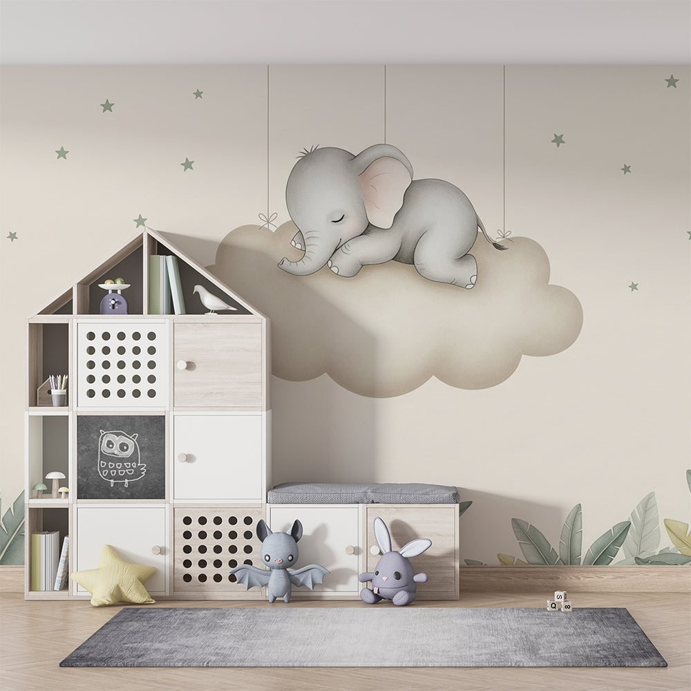 Kids-Mundo sleepy elephant cloud wall mural fitted in a bright children's playroom