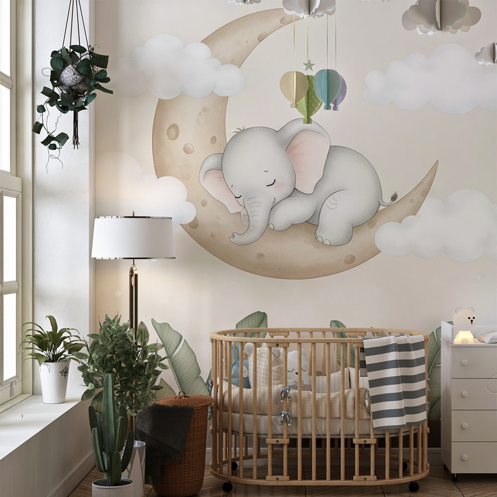 Kids-Mundo elephant and moon wall mural decorating a young child's calm bedroom