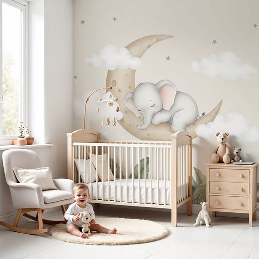 Kids-Mundo sleeping baby elephant wall mural with crescent moon in a soft nursery