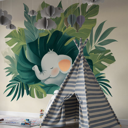 Kids-Mundo tropical sleeping elephant mural bringing calm to a child's bedroom wall