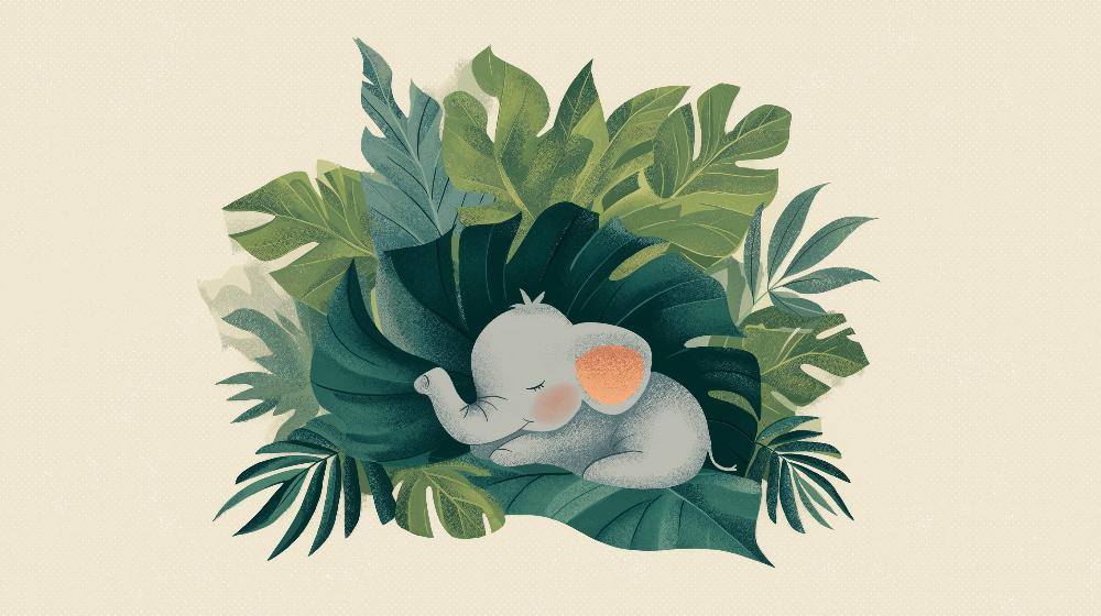 Kids-Mundo flat artwork of a baby elephant sleeping curled up among giant tropical leaves