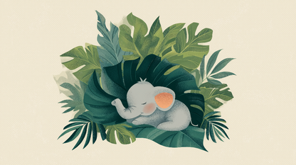 Kids-Mundo flat artwork of a baby elephant sleeping curled up among giant tropical leaves