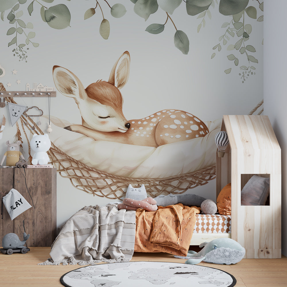 Detailed view of sleeping fawn in hammock mural wallpaper with delicate foliage elements