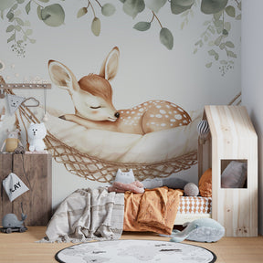 Detailed view of sleeping fawn in hammock mural wallpaper with delicate foliage elements