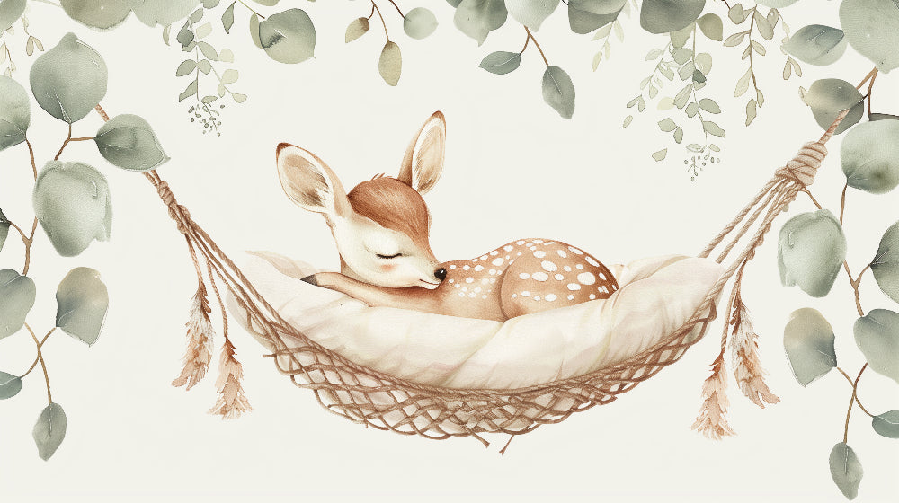 Complete sleeping fawn mural wallpaper design pattern showing bohemian hammock and forest details by Kids-Mundo