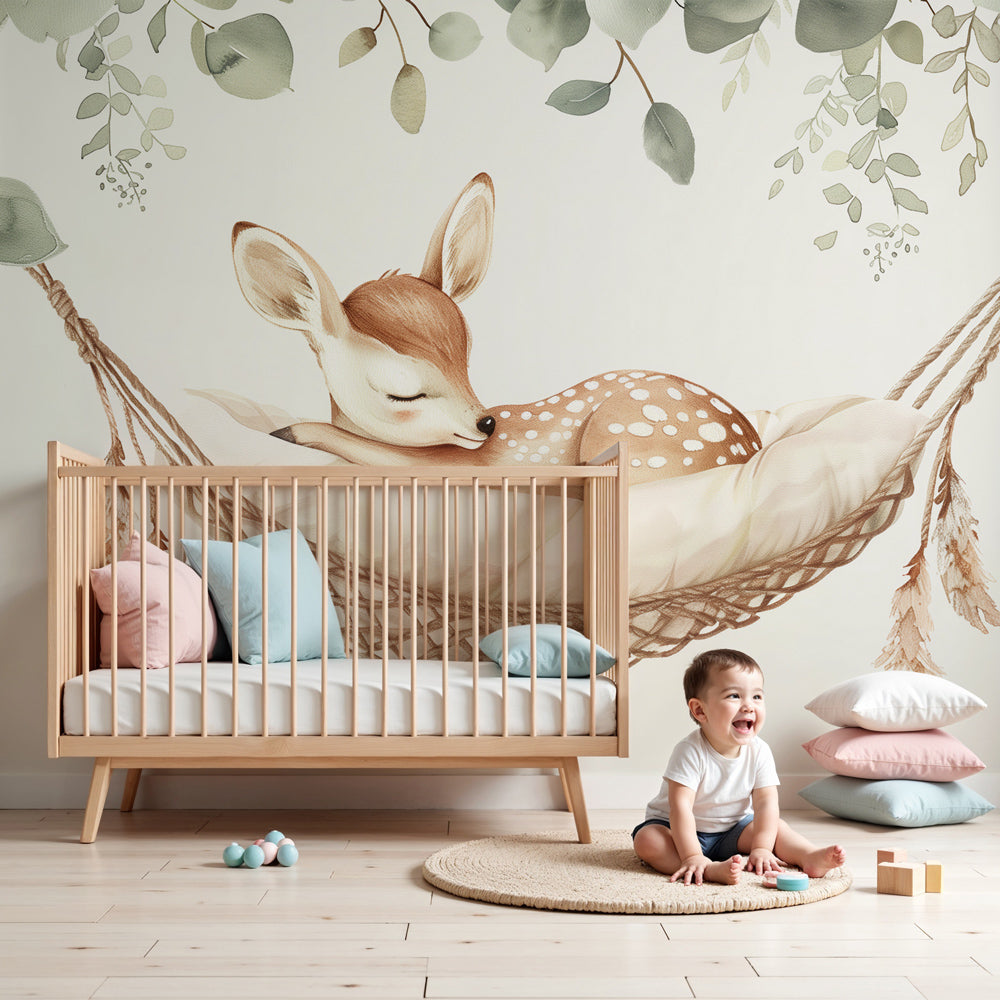 Sleeping fawn mural wallpaper creating peaceful nursery decor with bohemian hammock design by Kids-Mundo