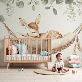 Sleeping fawn mural wallpaper creating peaceful nursery decor with bohemian hammock design by Kids-Mundo