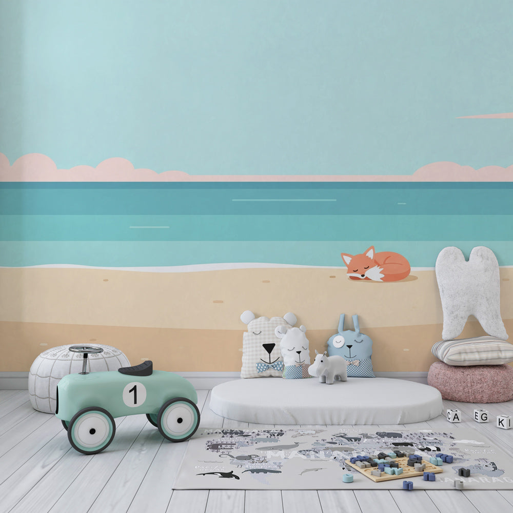 Beach scene mural wallpaper featuring sleeping fox in cozy children's bedroom setting