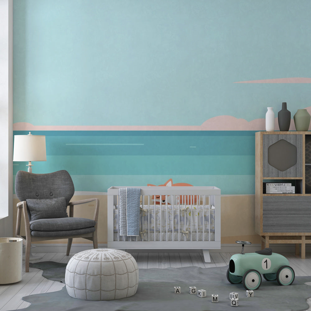 Tranquil fox beach wallpaper creating serene coastal atmosphere in kids room by Kids-Mundo