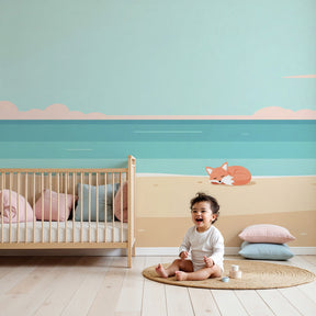Sleeping fox beach mural wallpaper in peaceful nursery with ocean blue decor by Kids-Mundo