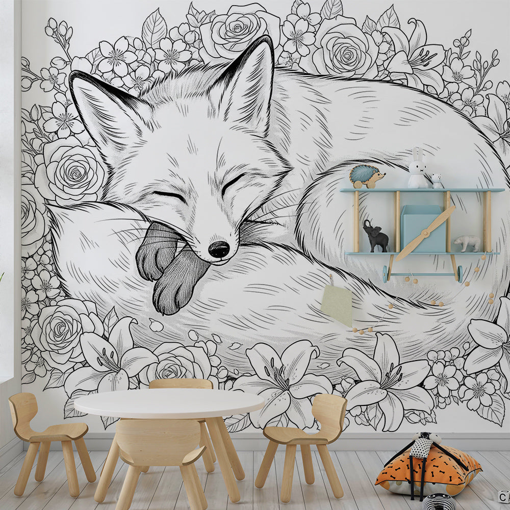 Kids-Mundo sleeping fox wall mural with hand-drawn roses in a calm kids bedroom