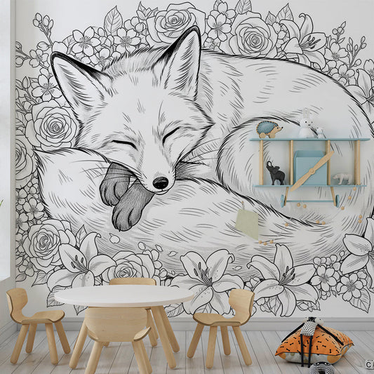 Kids-Mundo sleeping fox wall mural with hand-drawn roses in a calm kids bedroom