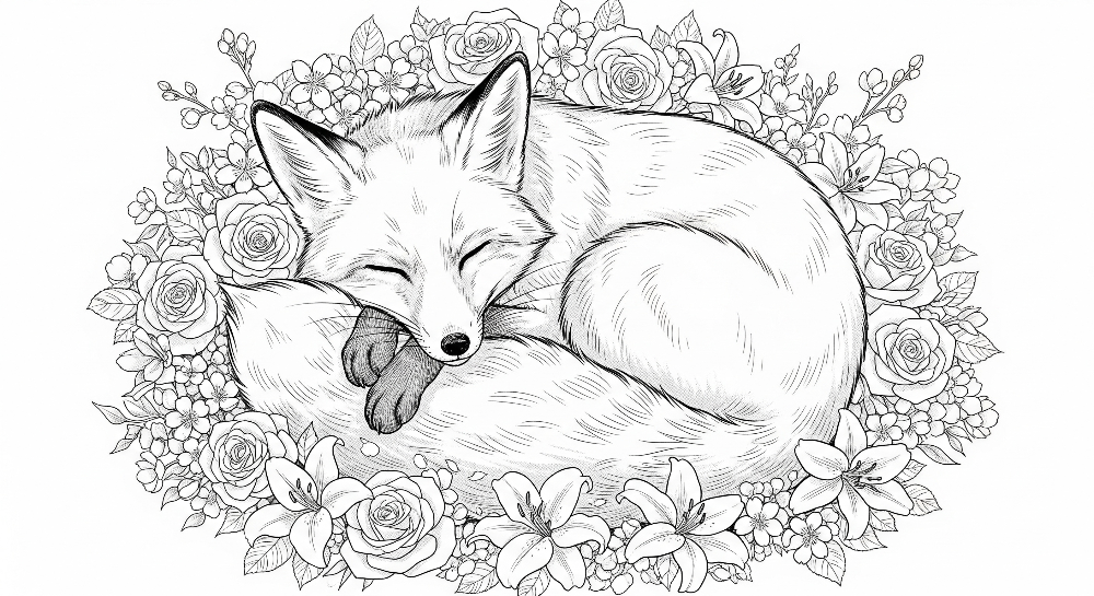 Kids-Mundo flat artwork of a sleeping fox curled in a wreath of hand-drawn roses and lilies