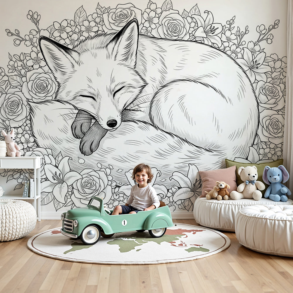 Kids-Mundo sleeping fox and floral wreath wall mural fitted in a soft pastel nursery