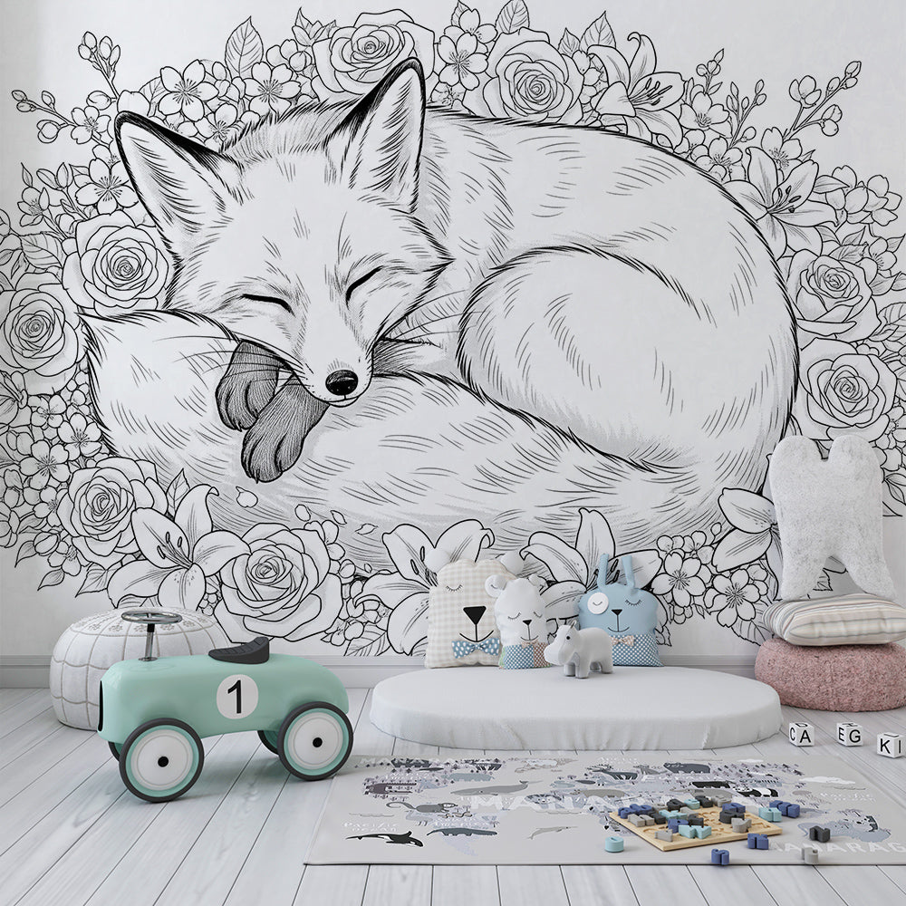 Kids-Mundo fox and floral wreath mural bringing a gentle storybook feel to a playroom wall
