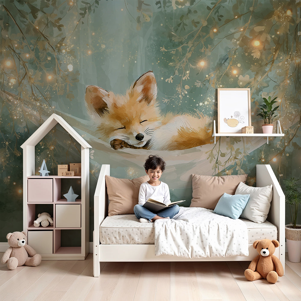 Kids-Mundo sleeping fox wall mural glowing gently above a cot in a soft nursery.