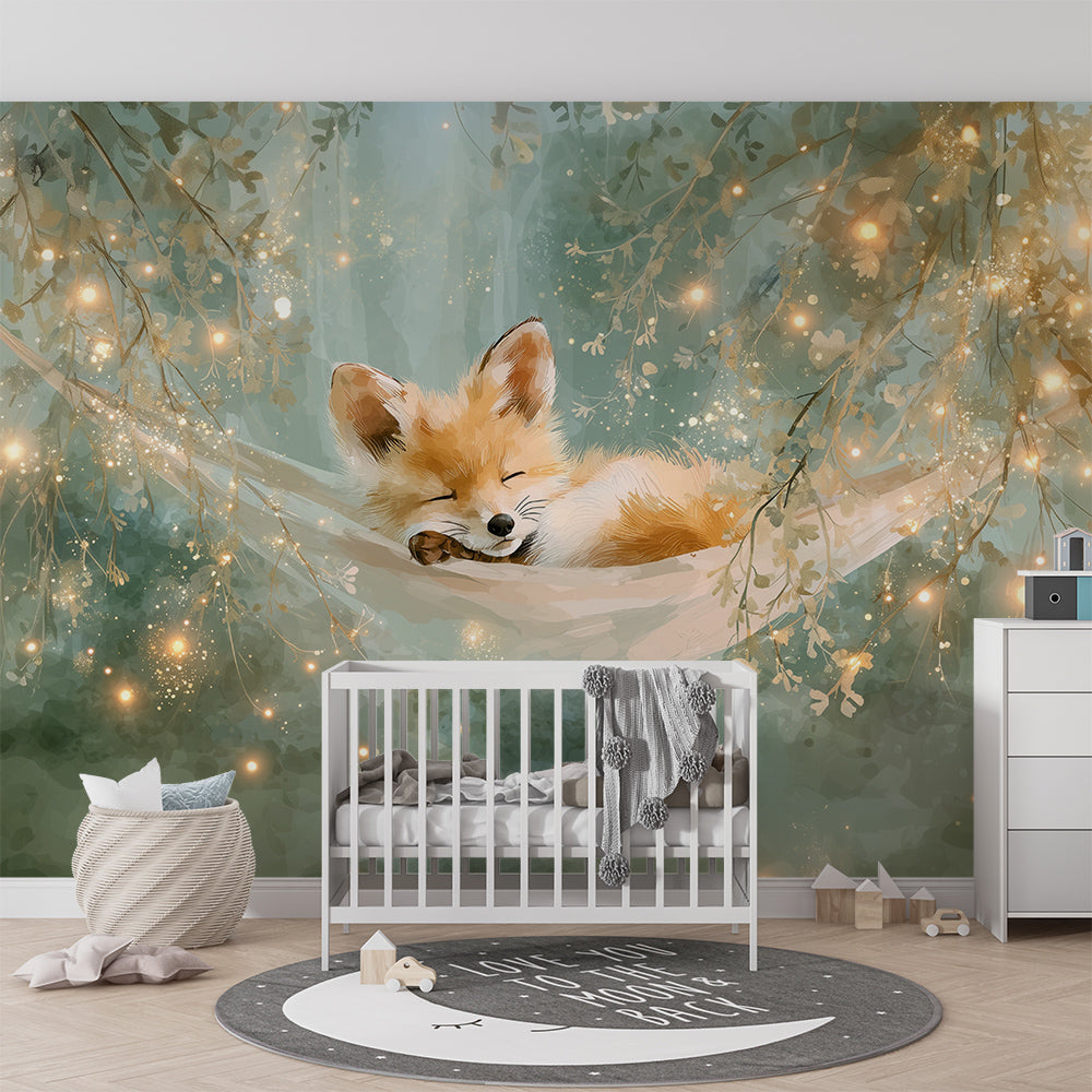 Kids-Mundo sleepy fox forest wall mural adding a calm glow to a bright playroom.