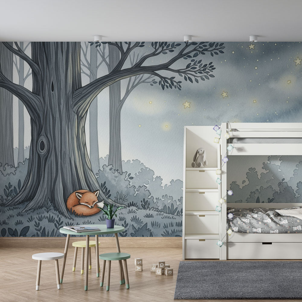 Forest fox wallpaper creating magical bedtime atmosphere in kids bedroom